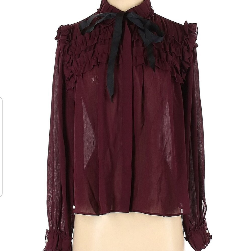 NWOT Zara Maroon ruffle high neck blouse black tie pearl buttons size S (266)
